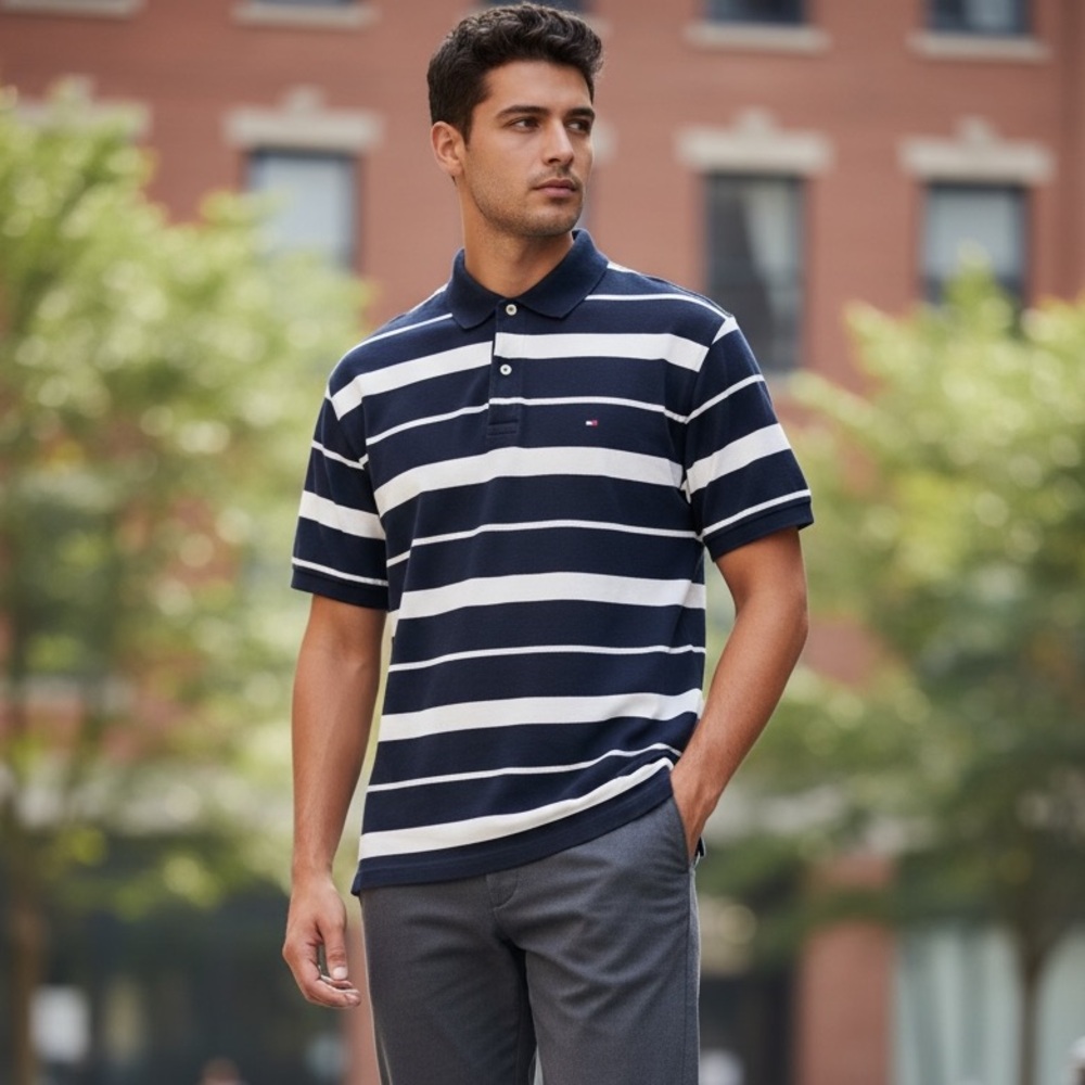 Tommy Hilfiger Navy Blue & White Striped Polo Shirt Size Large